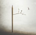 Surreal tree with a pencil trunk and a bird flying free in the sky