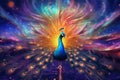 Surreal image of a vibrant peacock with colorful wings. Beautiful illustration picture. Generative AI Royalty Free Stock Photo