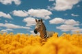 A surreal image of a zebra standing in canola field. AI generated