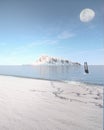 Surreal imaginary beach covered with snow, man dives into the frozen sea, Tavolara Island, Sardinia, Italy Royalty Free Stock Photo