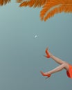 Surreal imaginary scene with a woman with her legs in the air, evening sky with quarter moon. Orange palm leaves in the background