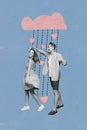 Surreal imagination poster collage of two people guy lady dancing enjoy valentine day honeymoon under rainy heart