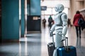 Surreal impact of AI on jobs, fired business people leaving the office. Humanoid AI robots waiting for a new job. Generative AI Royalty Free Stock Photo