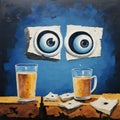 Humorous Graffiti Painting: Two Glasses With Eyes And Water