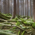 A surreal interpretation of a forest, with twisted trees and strange creatures lurking in the shadows3, Generative AI
