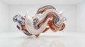 Surreal interwoven forms of molten silver, rose gold, and pearlescent white dance in a pristine studio space Royalty Free Stock Photo