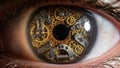 Close-up of a human eye with a clockwork mechanism iris. Royalty Free Stock Photo