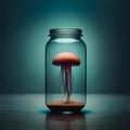 Surreal jellyfish swimming in a bottle of water - ai generated image Royalty Free Stock Photo