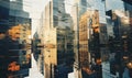 Surreal kaleidoscopic view of towering buildings. Created by AI