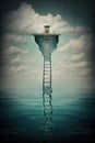 Surreal ladder rises up into the sky in a silent sea landscape Royalty Free Stock Photo