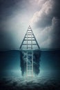 Surreal ladder rises up into the sky in a silent sea landscape Royalty Free Stock Photo