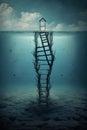 Surreal ladder rises up into the sky in a silent sea landscape