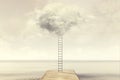 Surreal ladder rises up into the sky toward a soft cloud
