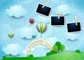 Surreal landscape with balloons, rain and photo frames