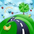 Surreal landscape with big tree, hill, birds, balloons and flying fishes