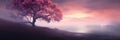 Surreal Landscape with Blossoming Tree at Dusk. Lake with Majestic Pink Tree and Mountains. Generative AI Royalty Free Stock Photo