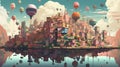 A surreal landscape with a city upside-down. Fantasy concept , Illustration painting