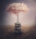 Surreal landscape, conceptual scene with a books pile in the middle of an open meadow, and a ladder or stairway leading up to a