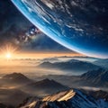 Surreal landscape with Earth, stars, and a glowing sunrise above misty mountains and clouds