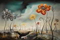 Surreal landscape in fantasy World with strange dreamy flowers, illustration, generative AI
