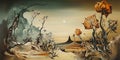 Surreal landscape in fantasy World with strange dreamy flowers, illustration, generative AI