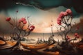 Surreal landscape in fantasy World with strange dreamy flowers, illustration, generative AI