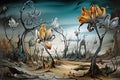 Surreal landscape in fantasy World with strange dreamy flowers, illustration, generative AI Royalty Free Stock Photo