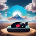 Surreal landscape featuring a giant vinyl record Fantasy landscape with vinyl record player on pastel sky and clouds on