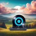 Surreal landscape featuring a giant vinyl record Fantasy landscape with vinyl record player on pastel sky and clouds on