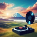 Surreal landscape featuring a giant vinyl record Fantasy landscape with vinyl record player on pastel sky and clouds on