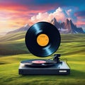 Surreal landscape featuring a giant vinyl record Fantasy landscape with vinyl record player on pastel sky and clouds on