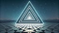 A surreal landscape featuring an illuminated, geometric triangular structure with multiple concentric outlines. Royalty Free Stock Photo