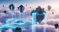 Digital Floating Islands in Clouds, Metaverse and Future Technology Royalty Free Stock Photo