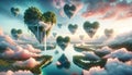 Surreal Landscape with Floating Heart-Shaped Islands