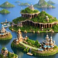 A surreal landscape of floating islands, adorned with fantastical architecture and whimsical elements1, Generative AI Royalty Free Stock Photo