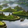 A surreal landscape of floating islands, adorned with mystical ancient ruins and lush greenery2, Generative AI