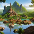 A surreal landscape of floating islands, adorned with mystical ancient ruins and lush greenery2, Generative AI