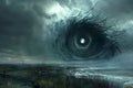 Surreal Landscape with Giant Eye Storm in Moody Sky Over Coastal Scene Conceptual Artistic Illustration Royalty Free Stock Photo