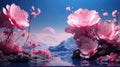 Surreal landscape giant pink flowers blue horizon