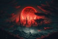 Surreal landscape with a glowing red moon shining down on a dark forest, with mist rising from the trees illustration generative Royalty Free Stock Photo