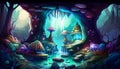 surreal landscape with a huge cave illuminated by many colors, surrounded by glowing mushrooms