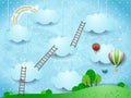 Surreal landscape with ladders and hot air balloons