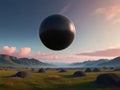 A surreal landscape with a levitating black ball.