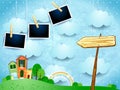 Surreal landscape with little town, arrow sign and photo frames