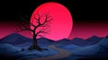 A surreal landscape with a lone tree and a large red sun at dusk Royalty Free Stock Photo