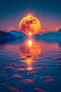 Surreal Landscape with Majestic Full Moon Over Water Surrounded by Mountains and School of Fish at Twilight Royalty Free Stock Photo