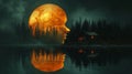 Surreal Landscape with Moon Face and Forest Reflection Royalty Free Stock Photo