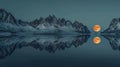 Surreal landscape with mountain range and double full moon reflection on water