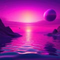 Surreal landscape with mountains and sunset pink sea with floating spheres on surface of Long horizontal Artistic original