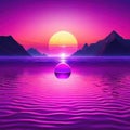 Surreal landscape with mountains and sunset pink sea with floating spheres on surface of Long horizontal Artistic original